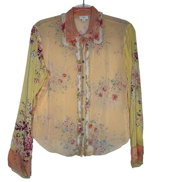J Jill Ruffle Sheer Blouse Button Front Size S Floral Yellow Orange Cottagecore - Picture 1 of 14